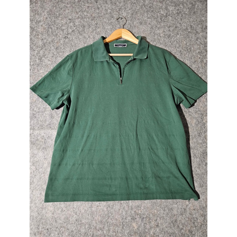 Charles Tyrwhitt Polo Shirt Mens XL Green Short Sleeve Zip Neck Textured